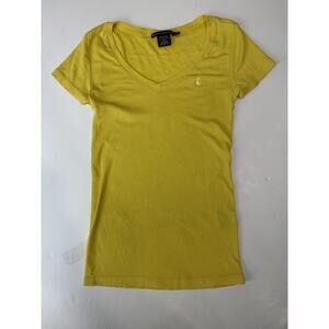 Ralph Lauren Sport Yellow Fitted V-Neck Tee Y2K Long Cotton Horse Logo Small